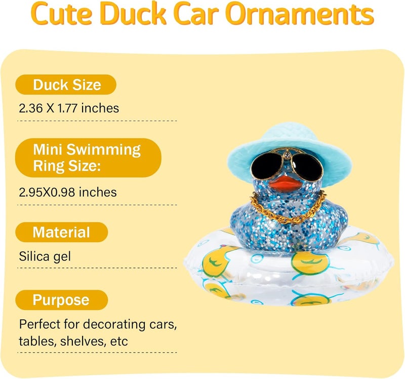 wonuu Dashboard Decorations Rubber Duck Car Accessories with Swim Ring Sunglasses Hat and Necklace, B Blue&Transparent - Image 4